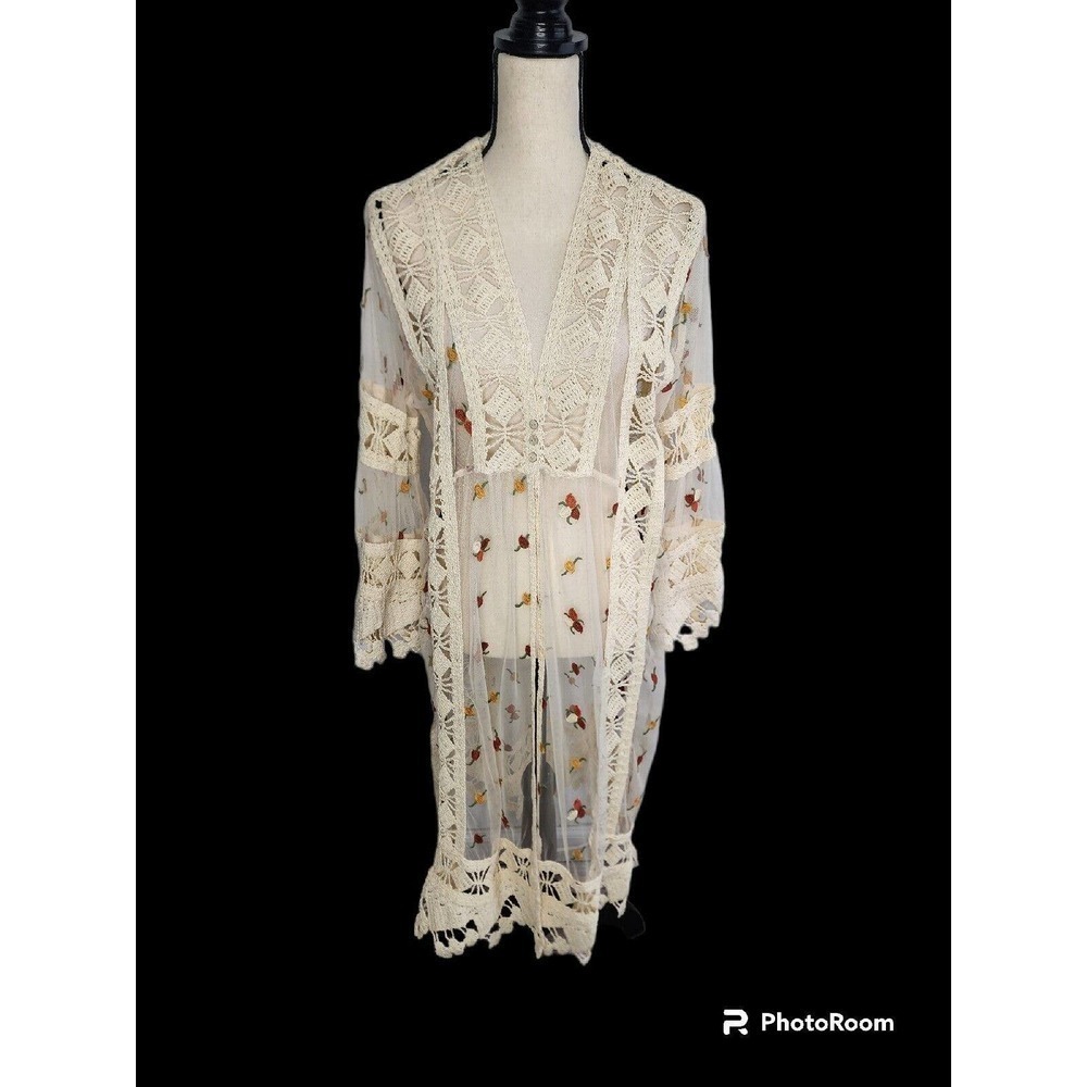 John Mark Anthropologie Boho Long Embroidered Sheer Kimono Duster Size M